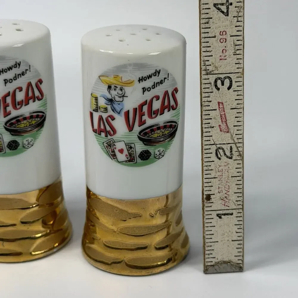 Vintage Las Vegas Howdy Podner Salt Pepper Shakers Gold Retro Souvenir Cowboy